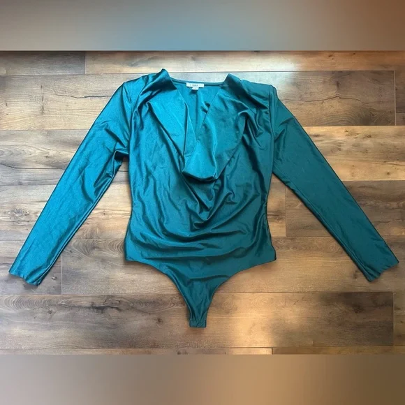 Bar III Long Sleeve Cowlneck Bodysuit Teal Green w/ Shoulder Pads | Large - Picture 2 of 9